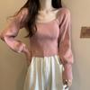 Design Inspired Square Neck Long Sleeved Short Pullover Knitted Sweater for Women In Spring and Autumn Slim and Versatile Top