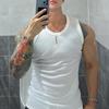 Men Vest Ribbed Fabric Round Neck Tight Fit Solid Color Tank Tops Breathable