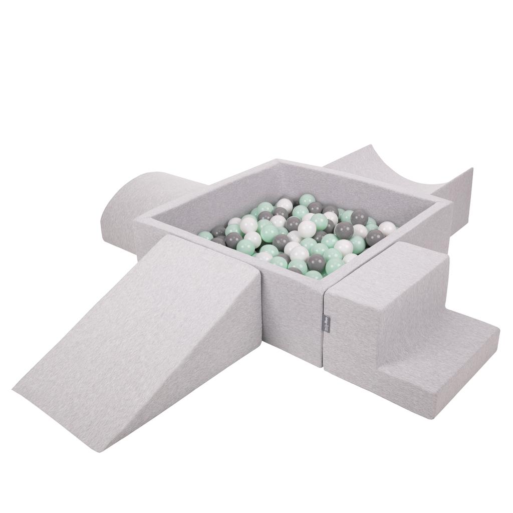 KiddyMoon Foam Playground for Kids with Square Ballpit (300 Balls Balls 7cm/2.75in), Lightgrey:white/grey/mint