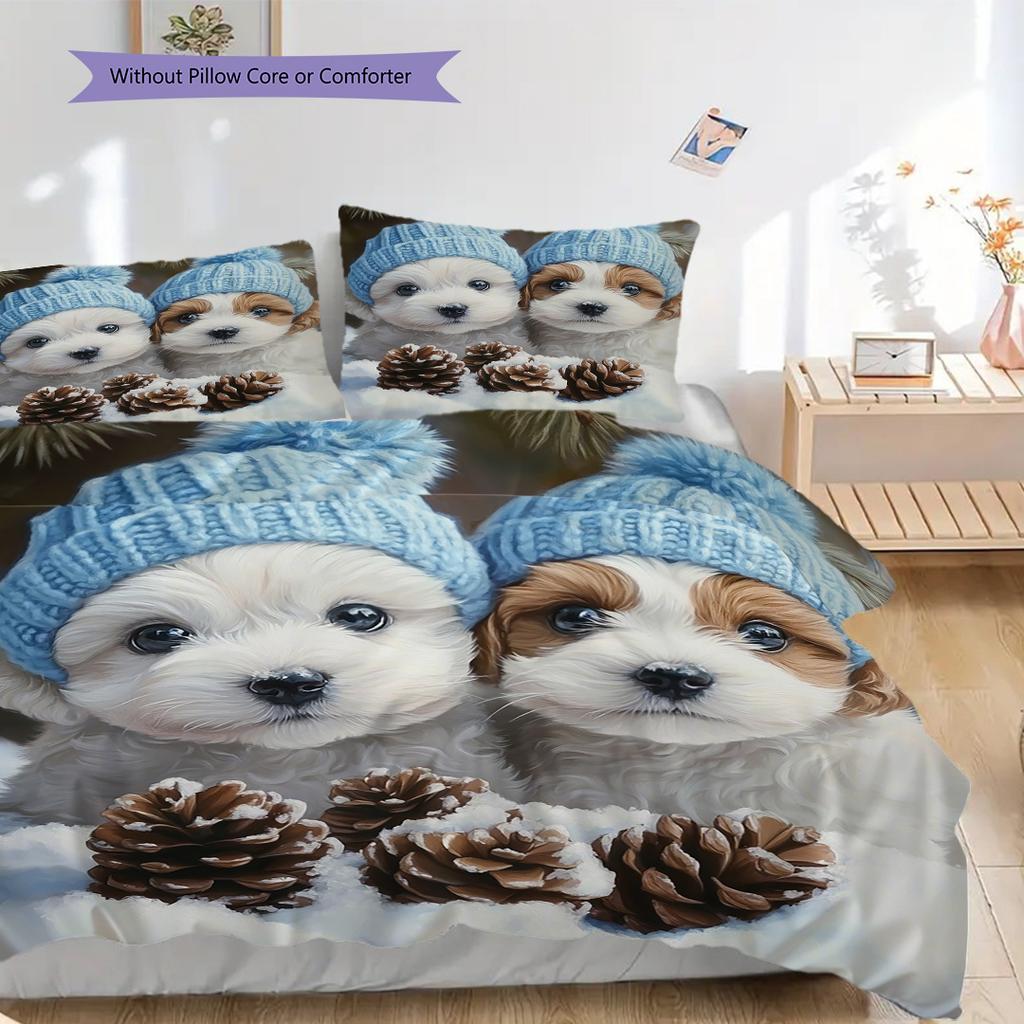 Puppy Pattern Bedding Quilt Set Quilt Cover Pillowcase Home Decoration Birthday Gift (1 * duvet cover + 2 * pillowcase, without core)