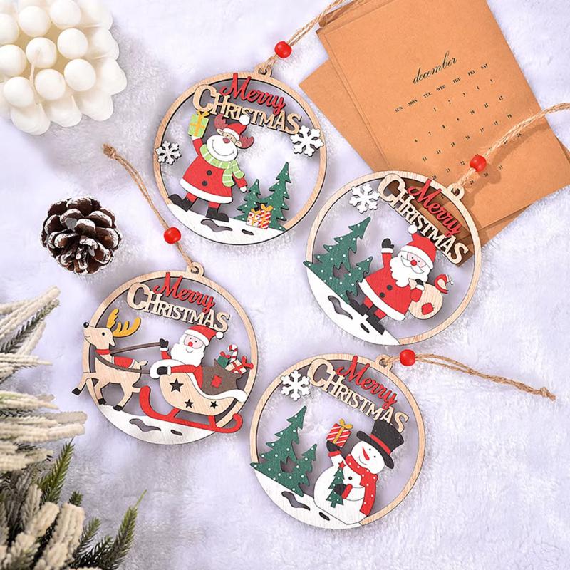 1/4 Piece Christmas Pendant Christmas Decoration Wooden Pendant Hollow Decoration Santa Claus Label Christmas Wooden Pendant