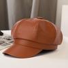 Women Beret Vintage Style Solid Color Faux Leather British Style Octagonal Hat Short Brim Painter Hat Parties Shopping Newsboy Cap