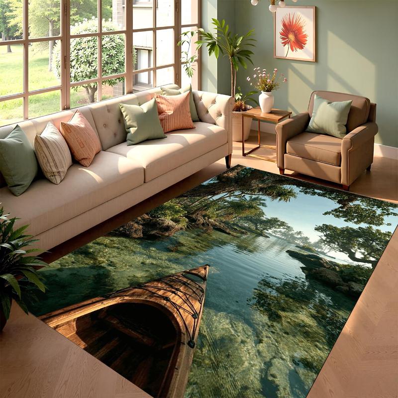 Forest Lake Canoe Print Non Slip Absorbent Floor Rug For Living Room Bedroom Nature Adventure Decor Carpet