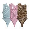 Summer Women Playsuit Solid Color Leopard Print Sleeveless Pleated V Neck Skinny High Elasticity Hollow Mesh