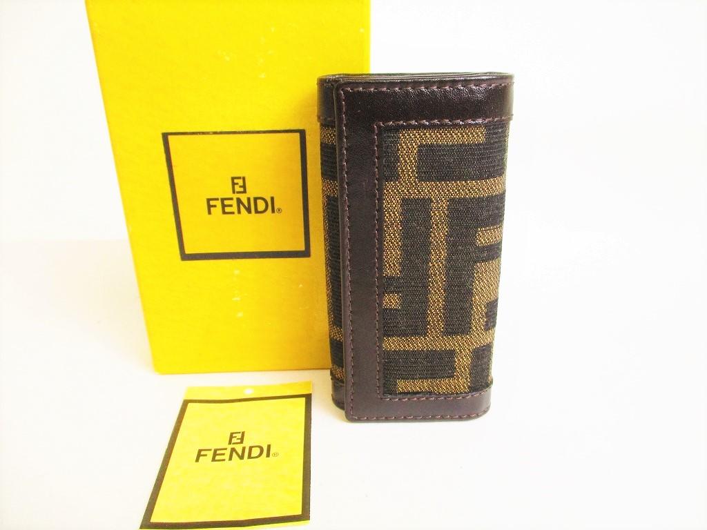Оригинальный FENDI Zucca Хаки Канва Темно-коричневая Кожа 4шт Чехлы для ключей #9119 Открытая коробка