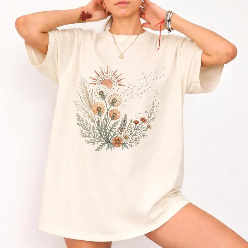 Dandelion Sun Shirt, Wildflower Tee, Botanical Cottagecore Gift