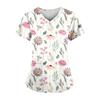 Women's Surgical Scrubs Fashion Floral Print Summer Casual V-Neck Short Sleeve T-Shirt Light Dental Vet Clinical Uniform Woman