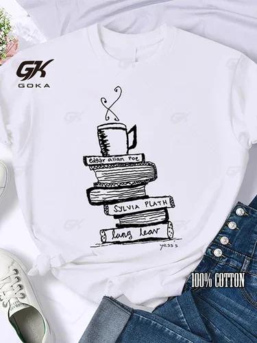 Кофе Книги Коричневые Книги Американский Ретро Хлопковая Футболка Женская Футболка с Круглым Вырезом и Рукавом Три Четверти Принтованные Топы Женские Футболки Оверсайз