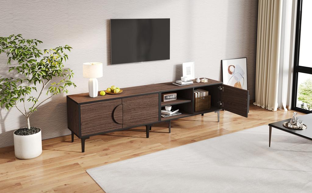 180*35*49cm lowboard TV cabinet with 2 cabinets, TV board with open storage compartments, dark walnut colored, suitable for 80 inch TVs