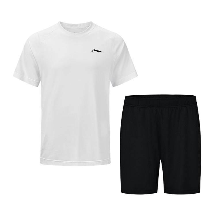 Li-Ning Дышащий прохладный топ с круглым вырезом и шорты средней посадки однотонные удобные повседневные спортивные комплекты унисекс белый AATV059-3