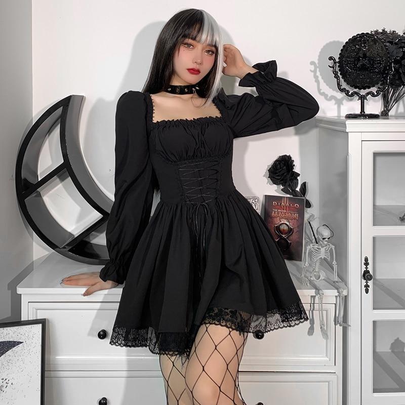 Gothic Sexy Black Lace Up Dress Vintage Square Collar Puff Sleeve Lace Tirm Mini Dresses Harajuku Fairy Grunge Party Dress