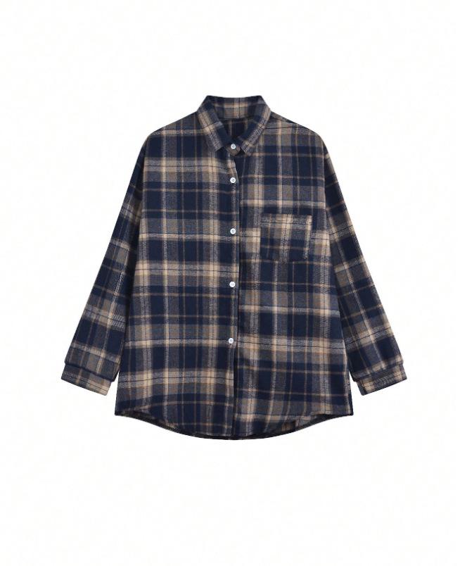 Women's Retro Plaid Long-Sleeve Mid-Length Shirt-Jacket