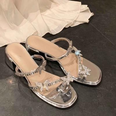 Модные женские шлепанцы на блочном каблуке, летние новые, с круглым носком, открытым носком, пайетками и бантом, нескользящие, износостойкие вязаные туфли