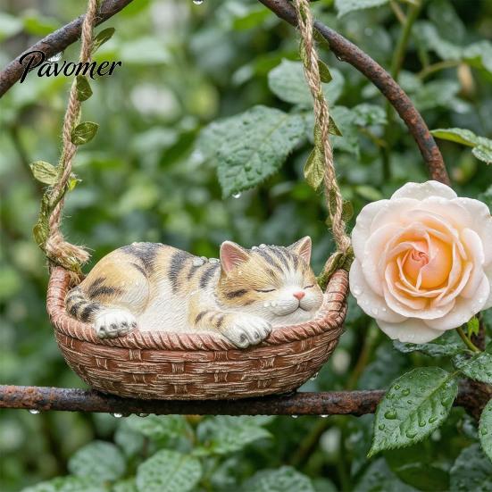 Подвесное украшение-корзинка со спящим котенком, статуэтка кошки, милая фигурка, причудливый декор для сада, смола, для улицы, патио, крыльца, скульптура животного