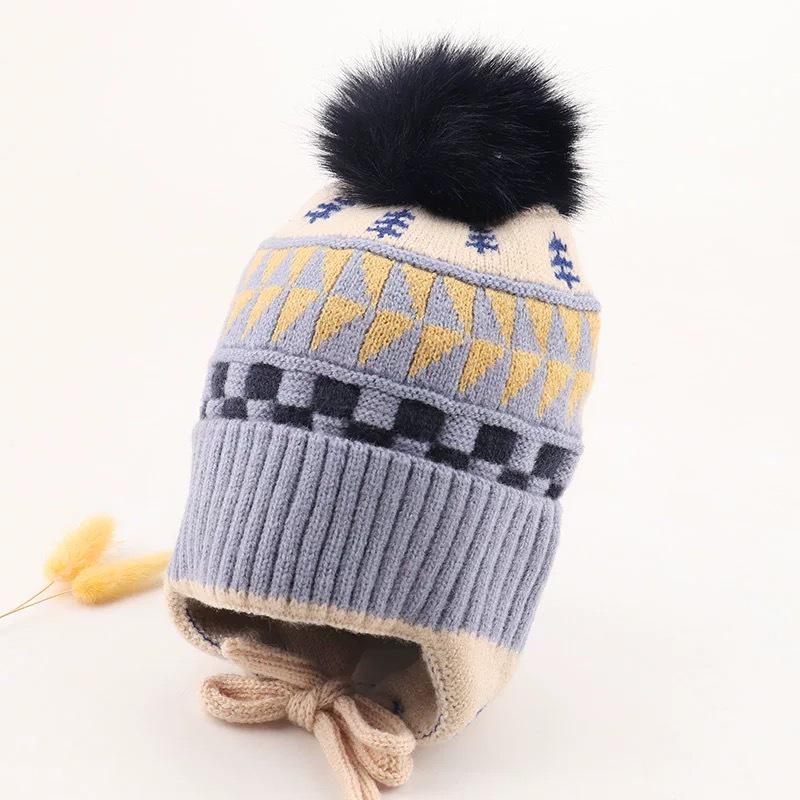 Осенне-зимняя вязаная шапка с помпоном и защитой ушей для младенцев - Унисекс