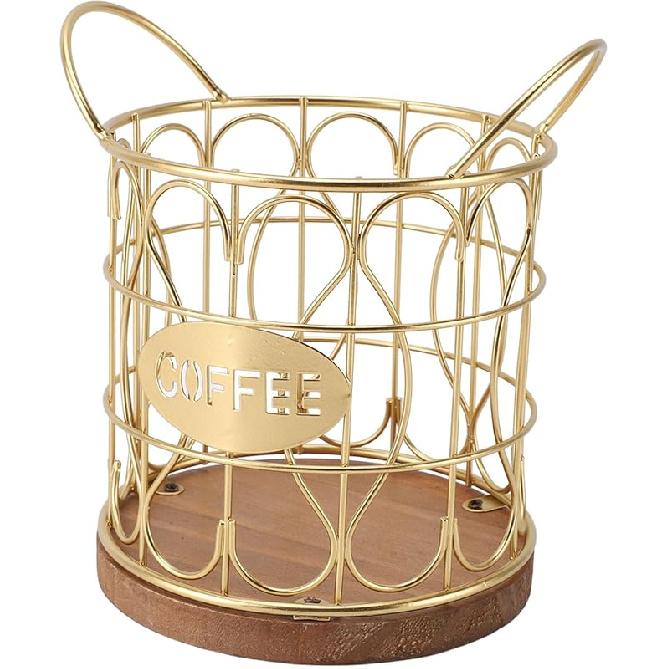 Coffee Pod Basket, Decorative Round Wire Capsule Holder with Wooden Base, Proof Metal Construction, Weighted Base, For Cafe Kitchen (Black)