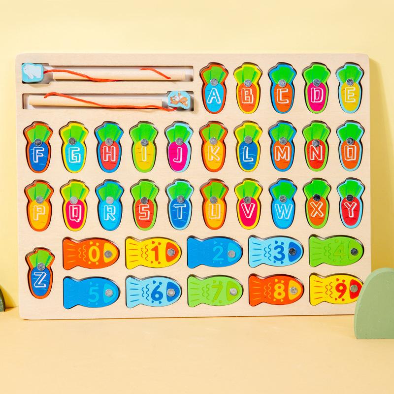Детская развивающая головоломка, цветная, буквенно-цифровая, когнитивное сопоставление, рыбалка, деревянная настольная интерактивная игра
