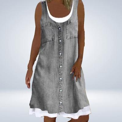 Женское платье без рукавов из двух частей, летнее повседневное платье с круглым вырезом, джинсовый принт, свободное мини-платье А-силуэта