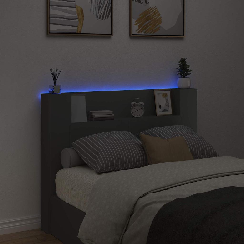 Headboard with Storage and LED Lighting Black Engineered Wood