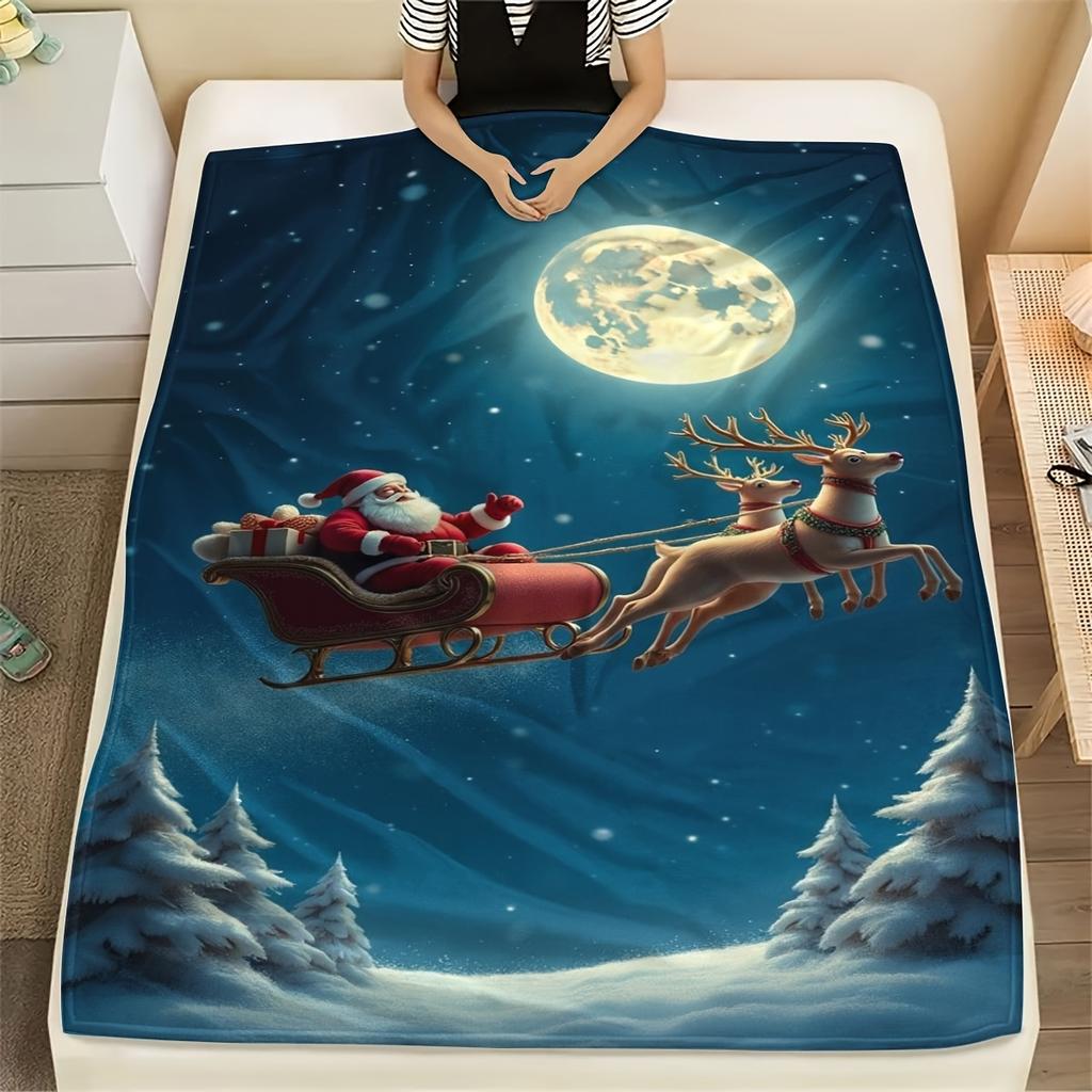 Christmas Flannel Digital Print Throw Blanket - Santa Claus & Reindeer Design, Soft Warm All-Season Blanket for Sofa, Bed, Trave