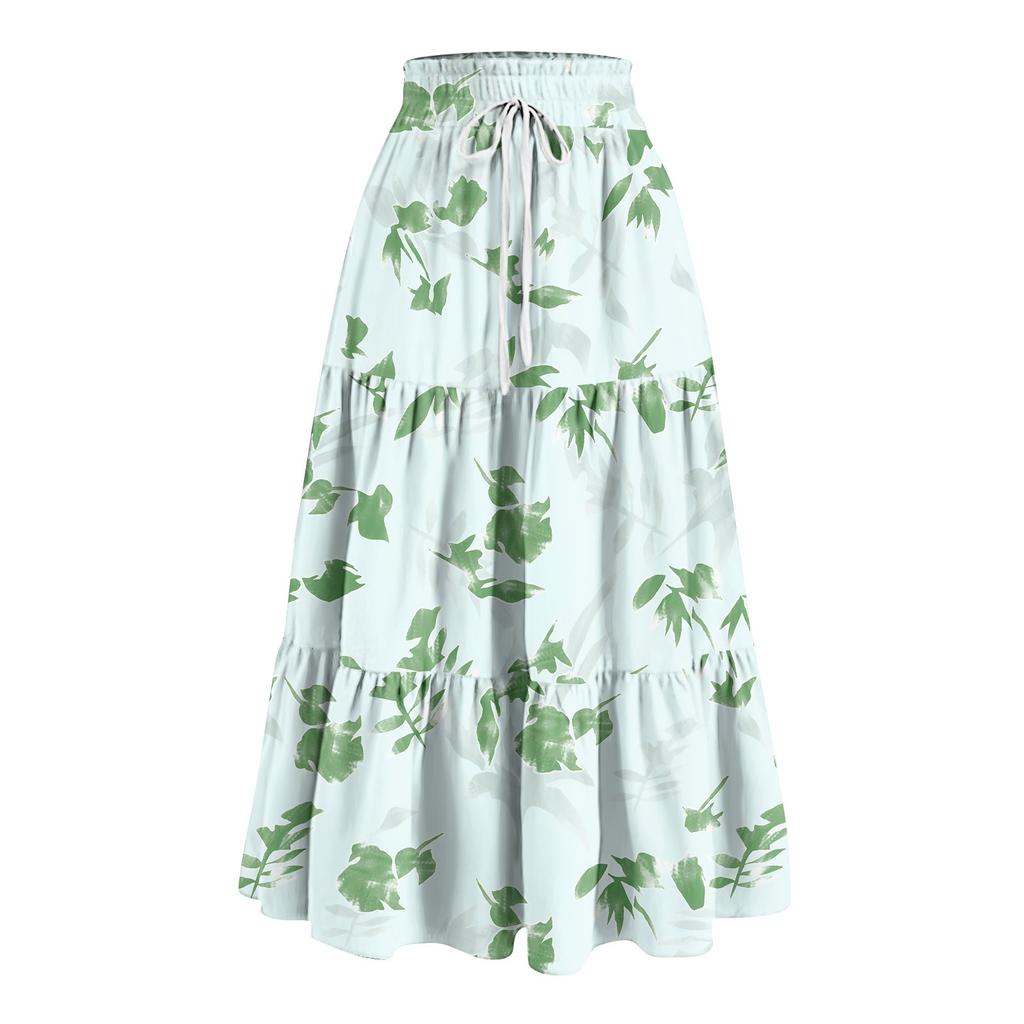Women's Ruffled Spring Casual Long Skirt Plain Color Skirt Retro Pleated Skirt