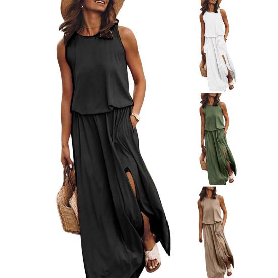 Женское платье-жилет без рукавов с боковыми разрезами и круглым вырезом, плиссированное макси-платье с карманами, однотонное свободное платье для свиданий, повседневных путешествий