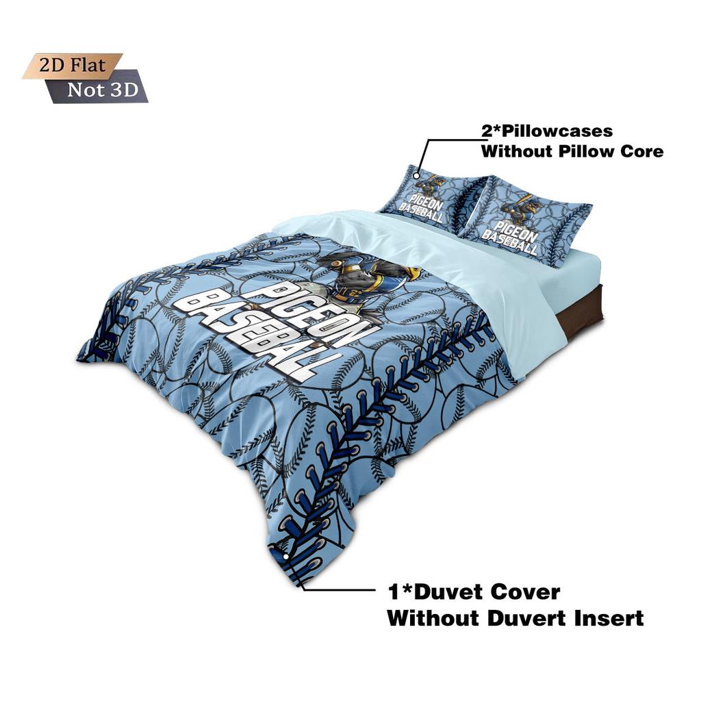 3Pcs Cartoon Pigeon Baseball Pattern Print Coreless Down Duvet Cover Set Multi Size Bedroom Bedding Decoration Machine Washable