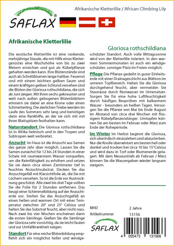 SAFLAX Лилия африканская вьющаяся - 15 семян - Gloriosa rothschildiana