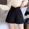 Французские блестящие шерстяные шорты А-силуэта с высокой посадкой - Женские осенне-зимние утягивающие брюки с широкими штанинами, подчеркивающие ягодицы