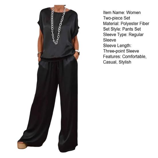 Women's Satin Silky Two-Piece Set Casual Crew Neck Short Sleeve Top Wide Leg Pants Set Loose Loungewear Outfit for Spring Summer