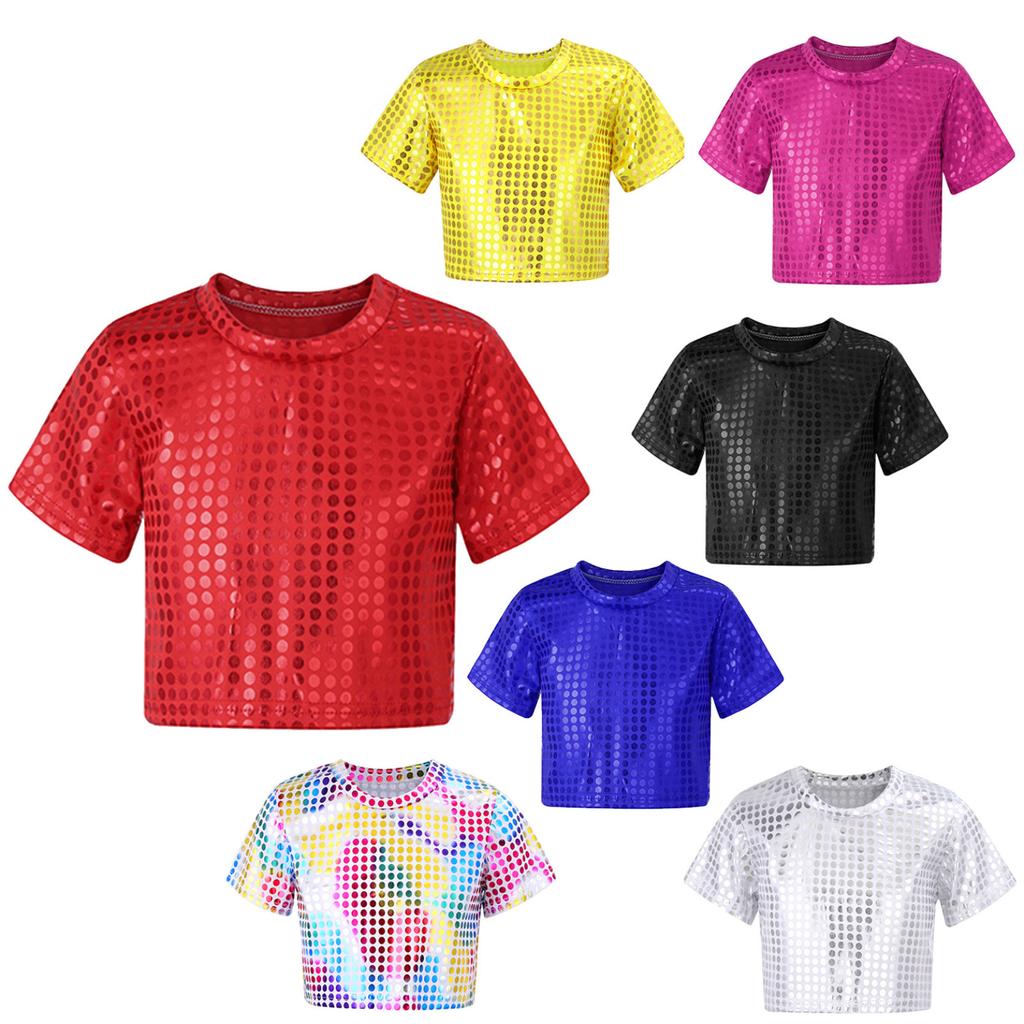Jazz Dance Costumes Kids Boys Girls Shiny Sequins Short Sleeve Solid Color T-shirt Crop Tops Street Dance Stage Performance Wear