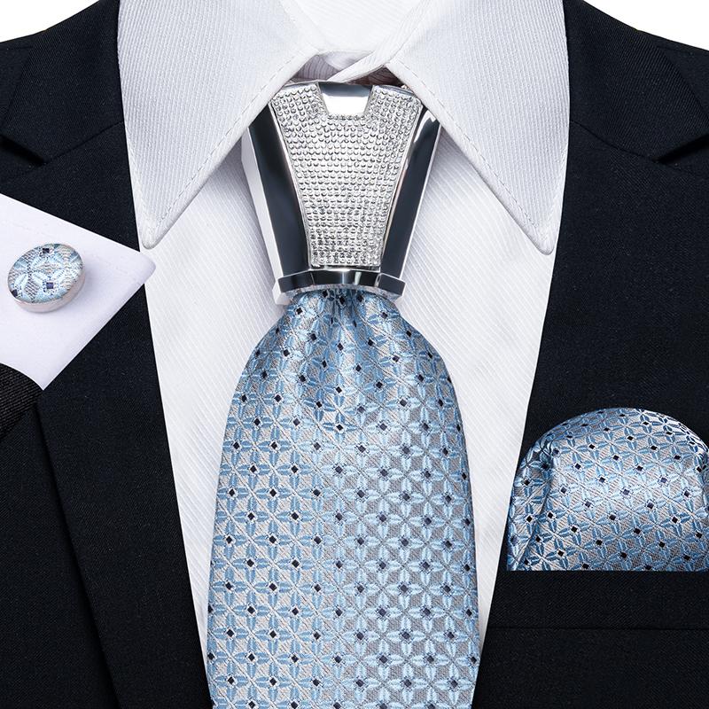 Formal White Necktie Set for Men Silver Ring Striped Silk Woven Ties Hanky Cufflinks for Wedding