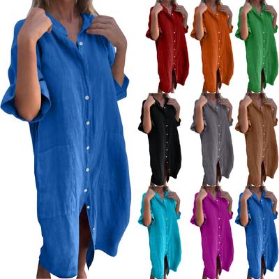 Женский модный повседневный кардиган на пуговицах, однотонное платье из хлопка и льна с карманами