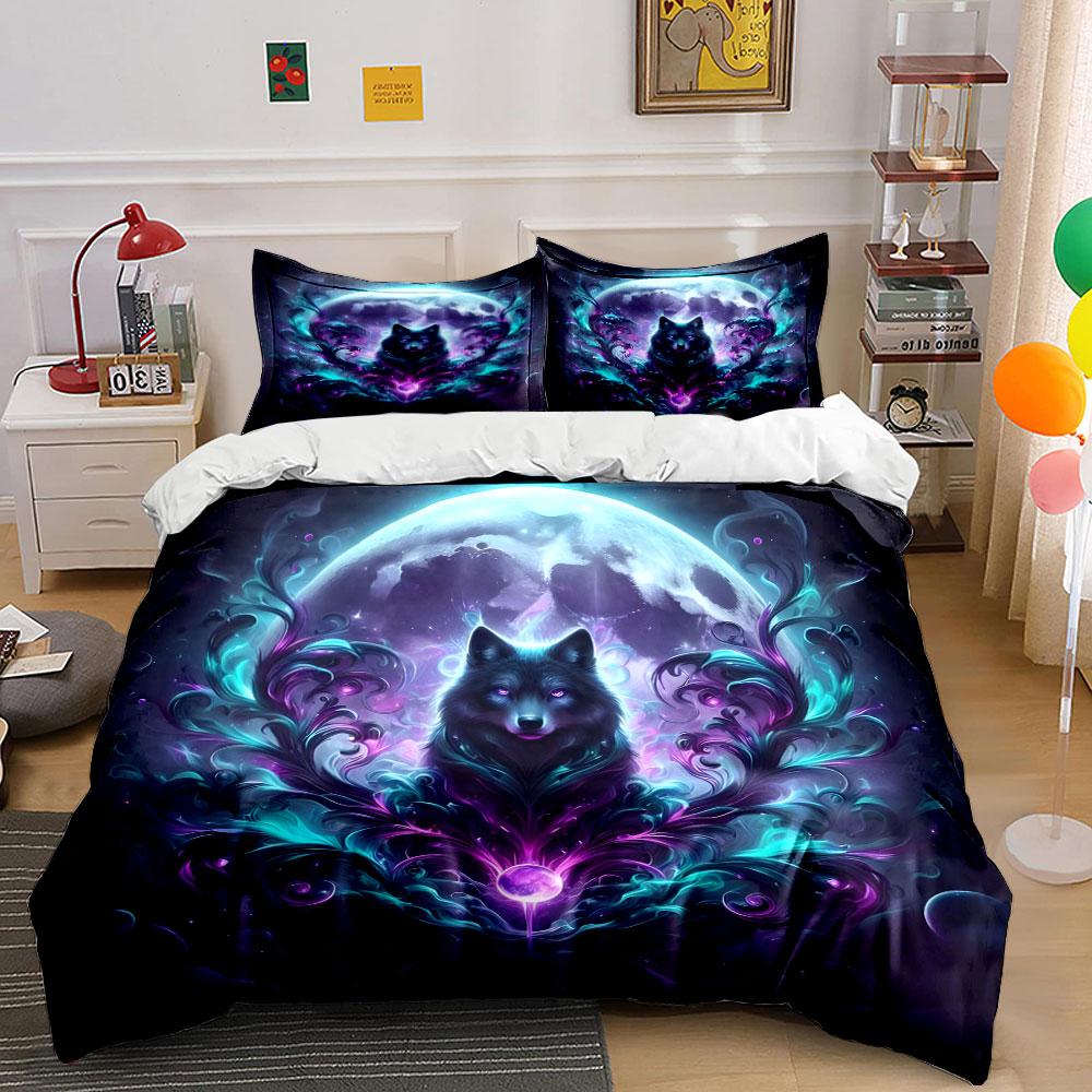 Mystical Wolf and Moon Design Bedding Duvet Cover Set (1*Duvet Cover 2*Pillowcases, without duvet insert)