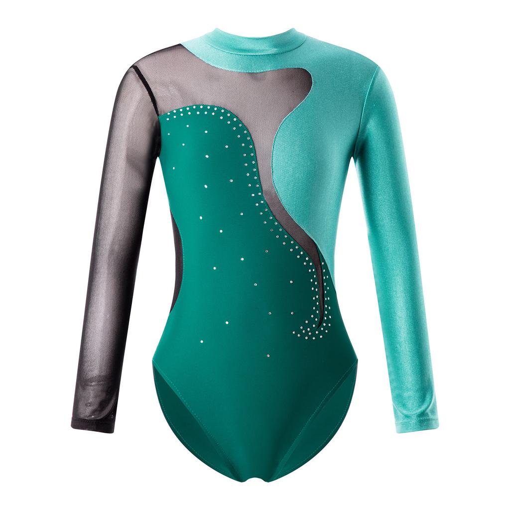 Детский комбинезон с круглым воротником и длинными рукавами для девочек, блестящий декор со стразами и открытой спиной, купальник для балета и танцев, комбинезон для катания на коньках