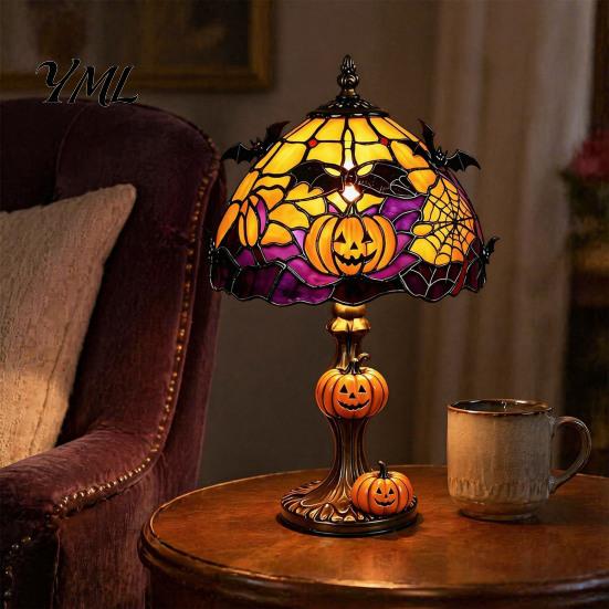 Halloween Table Lamp Pumpkin Bat Lamp, Stained Glass Reading Light, Gothic Theme Decor Cozy Nightstand Light for Bedroom Bookshelf, Seasonal