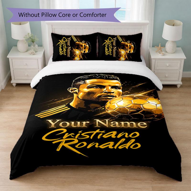 Cristiano Ronaldo Custom Name Text Bedding Set 1 Duvet Cover+2 Pillowcases Soccer Logo Personalized Gift For Special Occasion Bedroom Decor
