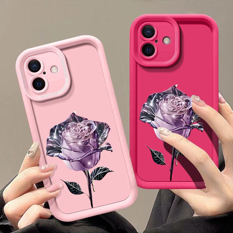 Мягкий чехол для телефона с принтом фиолетовой кристальной розы для iPhone 16 Pro Max 15 14 Pro 13 12 11 XS XR 8 7, модный противоударный чехол из ТПУ для защиты объектива, матовый чехол