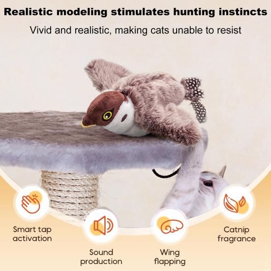 Интерактивная игрушка для кошек с хлопающими крыльями, активируемая касанием, электрическая летающая птица, игрушка со щебечущими звуками, имитация плюшевого воробья для помещений
