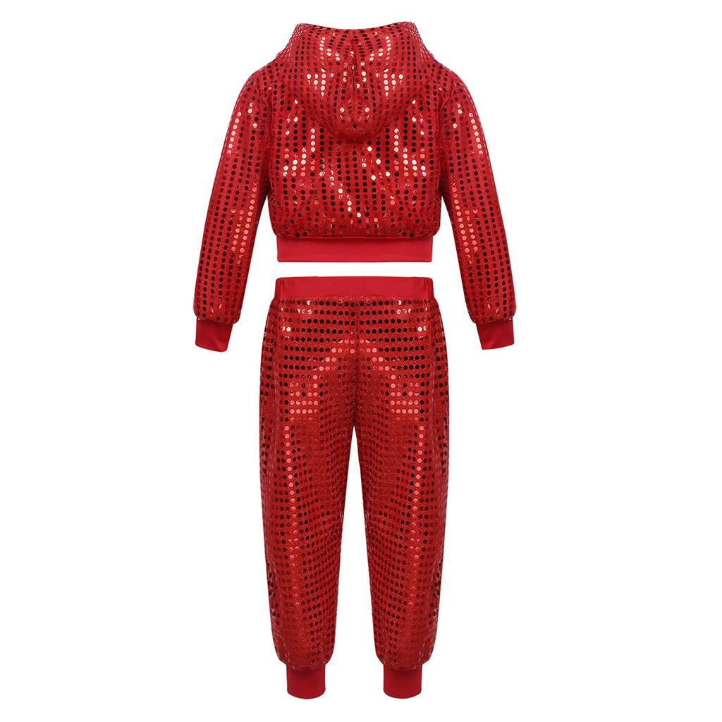 Kids Boys Girls Sparkly Sequins Long Sleeve Hip Hop Jazz Street Dance Costumes Long Sleeve Hooded Jacket Pants Set