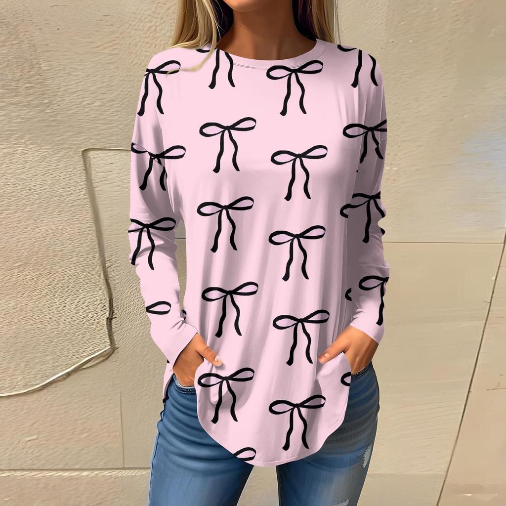 Women's Loose Casual Bow Printed Round Neck Long Sleeved T Shirt Top Pullover Long Sleeved Sweatshirt