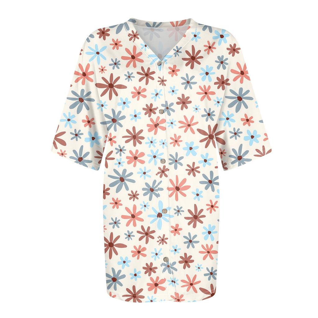 Women's T Shirt Tee Printed Women's Shirts V Neck Short Sleeve Button Up Tunic Tops Blouse