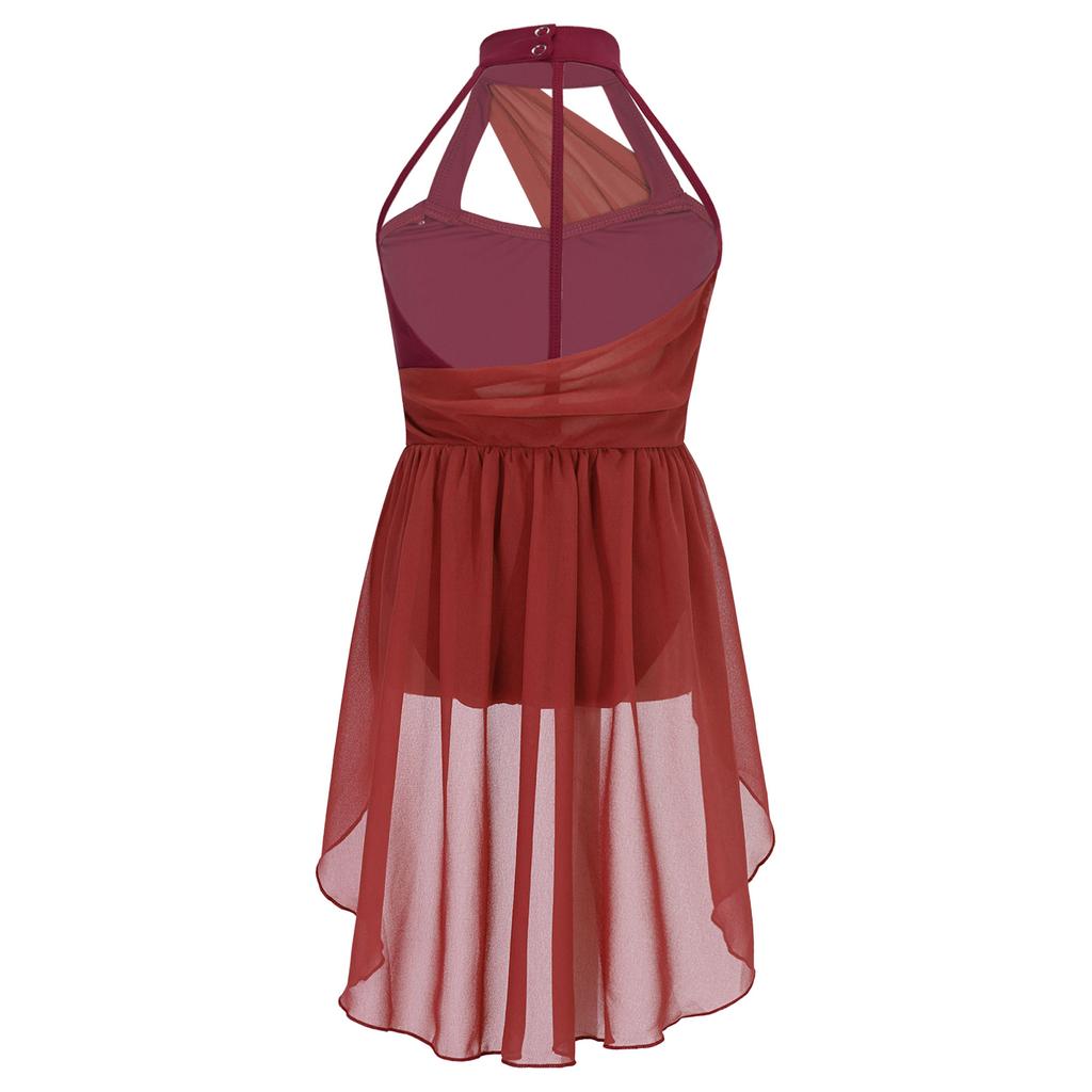 Детское гимнастическое танцевальное платье без рукавов для девочек, шифоновый лиф с рюшами, купальник, танцевальная одежда, костюм