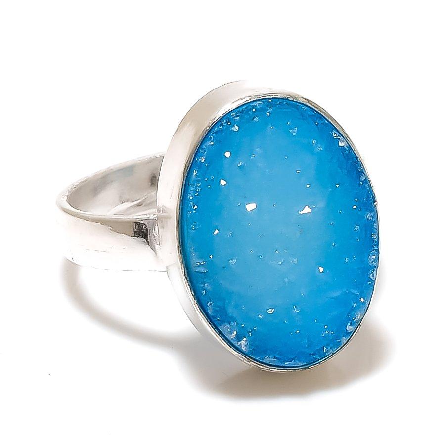 Blue Druzy Gemstone 925 Sterling Silver Jewelry Ring Size Adjustable GK-4429