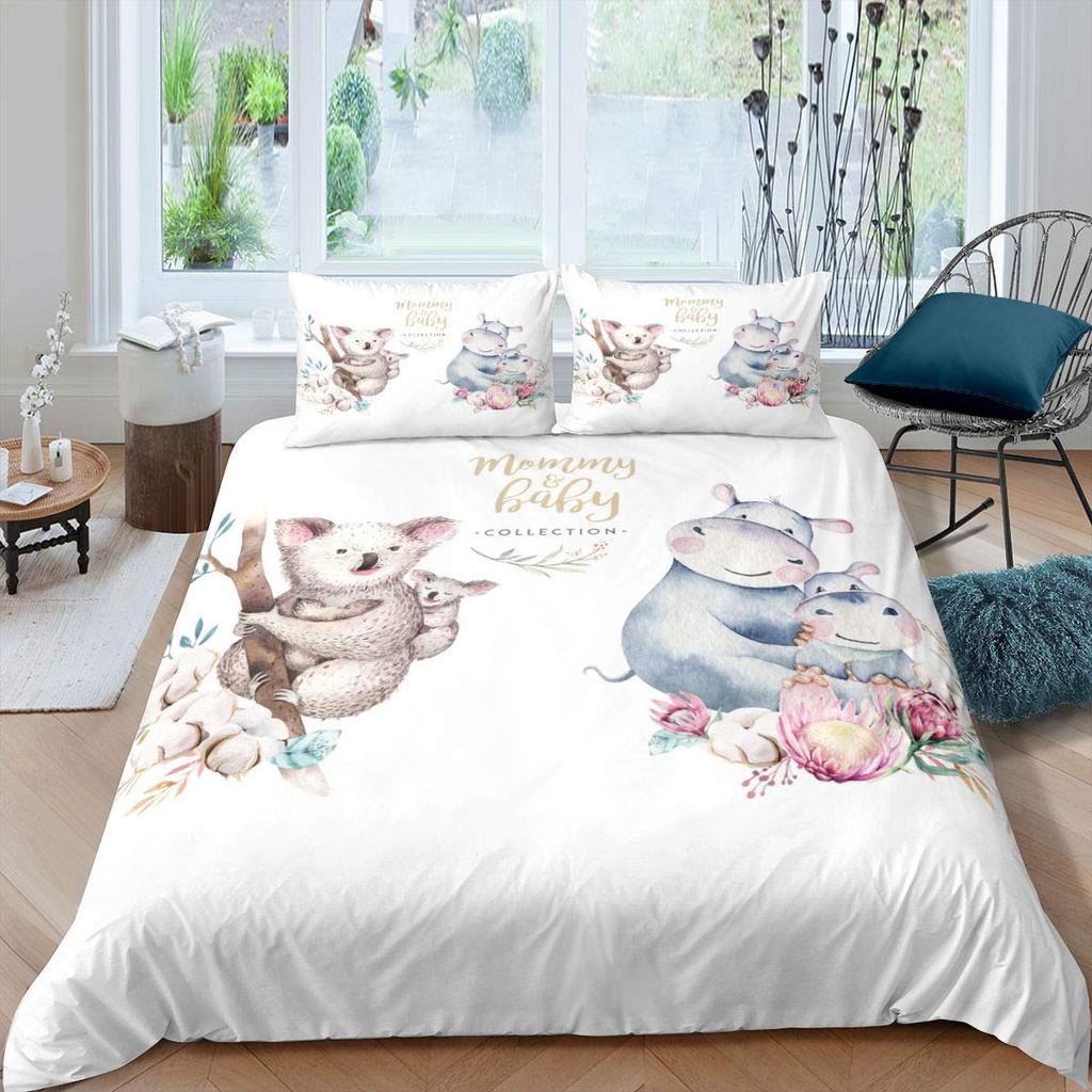 Koala Duvet Cover Set Blooming Floral Branch Bear Comforter Palm Tree Leaf Wildlife Cartoon Polyester Quilt