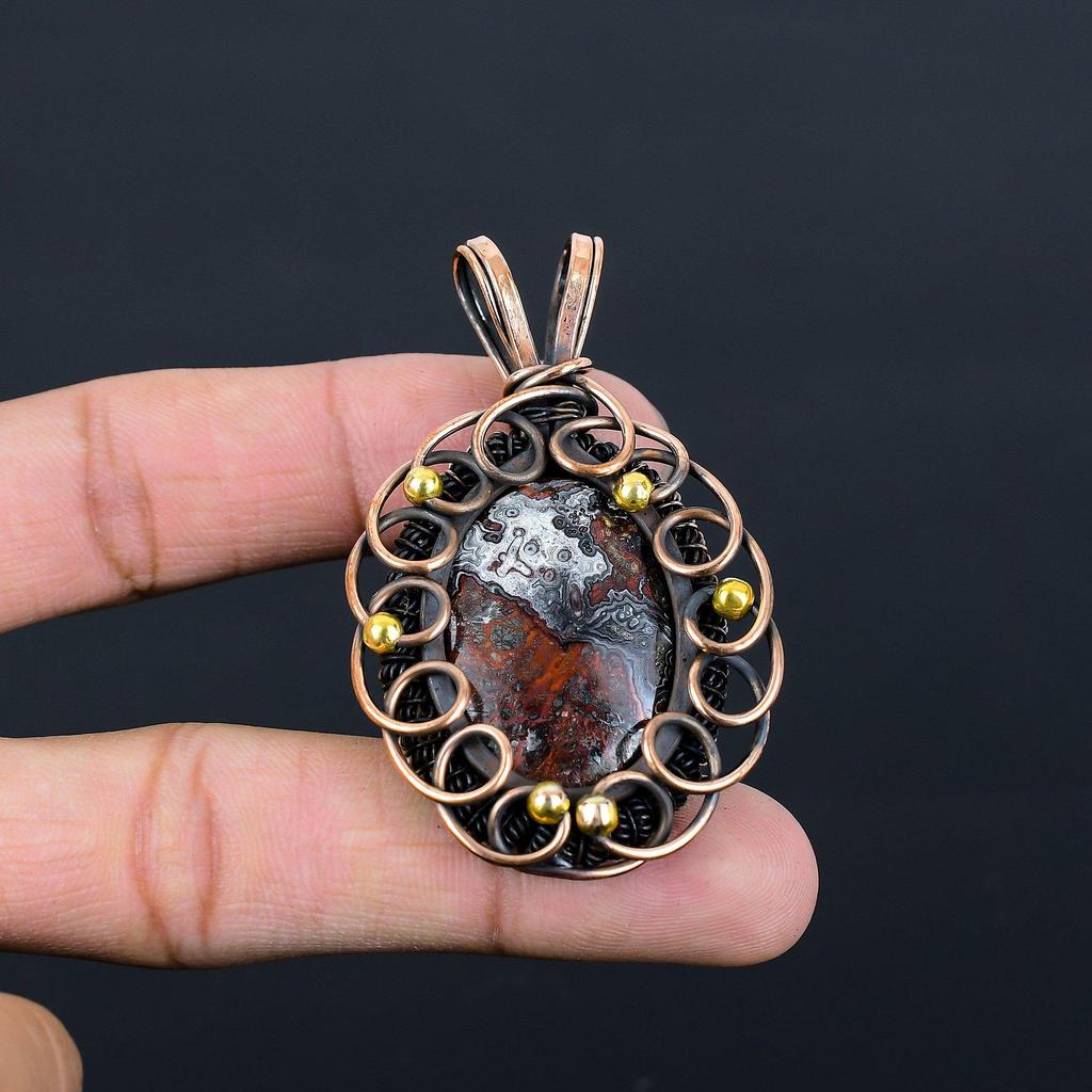 Сумасшедший кружевной агат, драгоценный камень, чистая медная проволока, обернутая ювелирной подвеской ручной работы для нее
