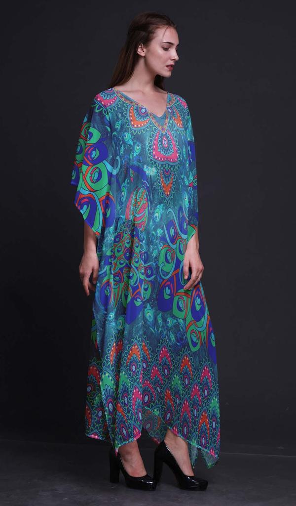 Phagun Peacock Bird Long Caftan Maxi Dress Beach Swimwear Cover Up Womens