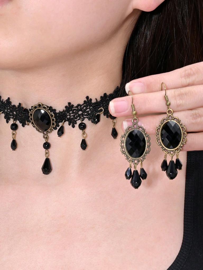 1 комплект серег-подвесок с кисточками из страз в темном готическом стиле и ожерелье, винтажные богемные кружевные серьги-подвески на цепочке