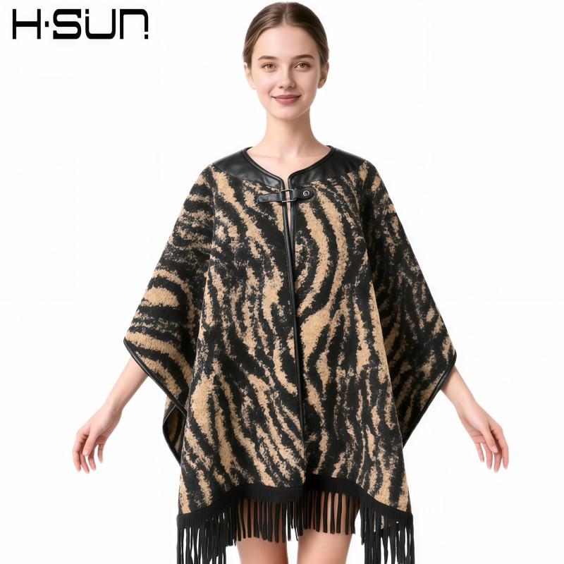 Womens Knitted Cape Sweater With Fringe Trim Retro Plaid Patchwork Street Style Winter Outerwear