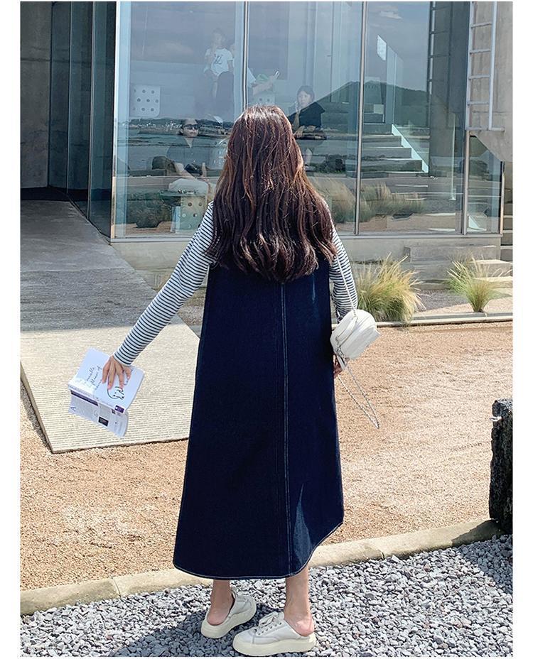 Женский осенний ретро джинсовый жилет и полосатое платье-топ, комплект 2025